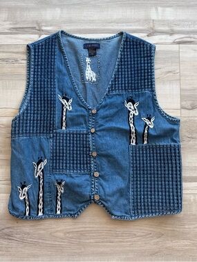 Life Style Light Blue Denim Vest with Embroidered Giraffe